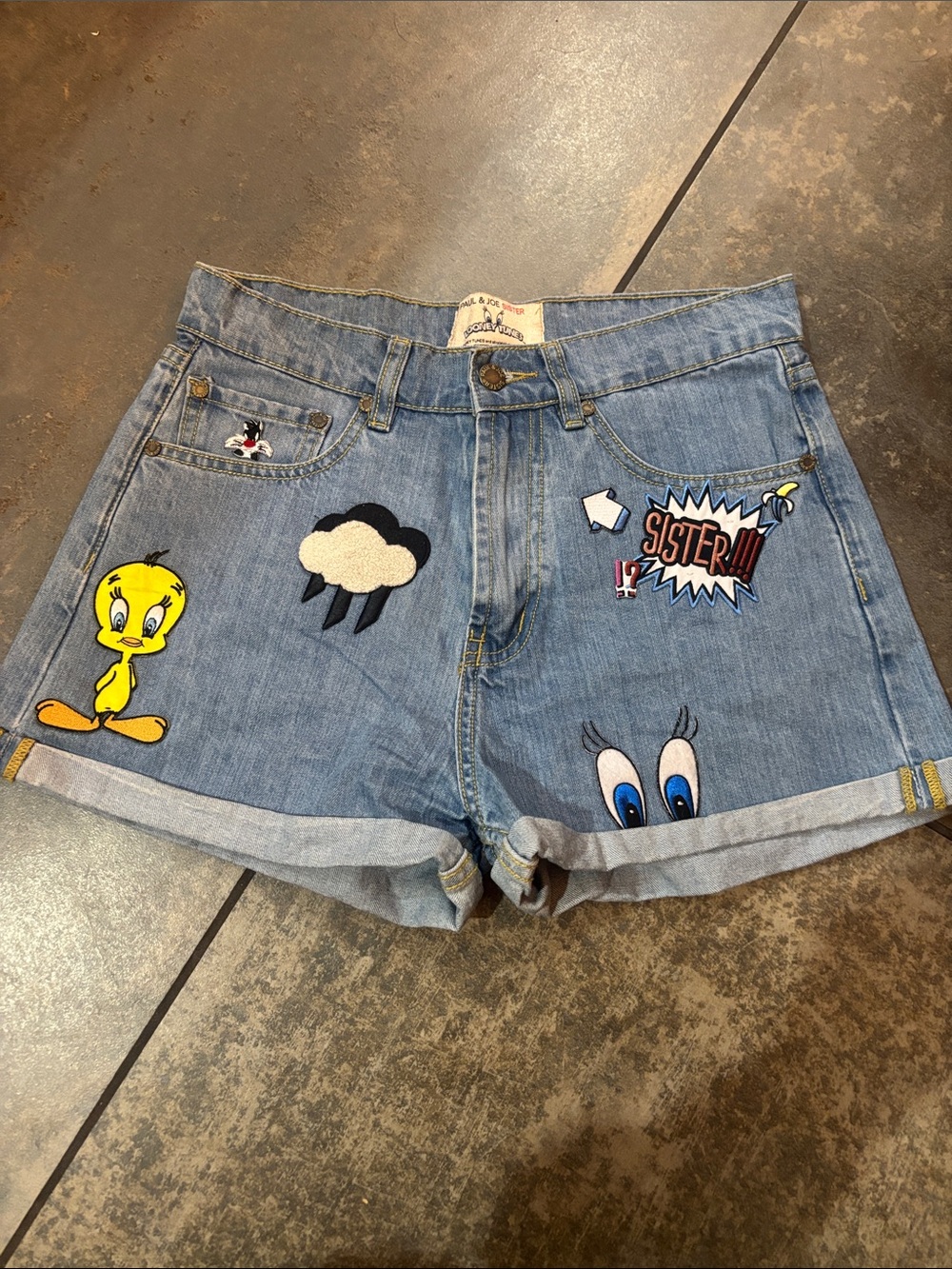 Paul & Joe Light Blue Denim Shorts with Tweety & Cartoon Patches